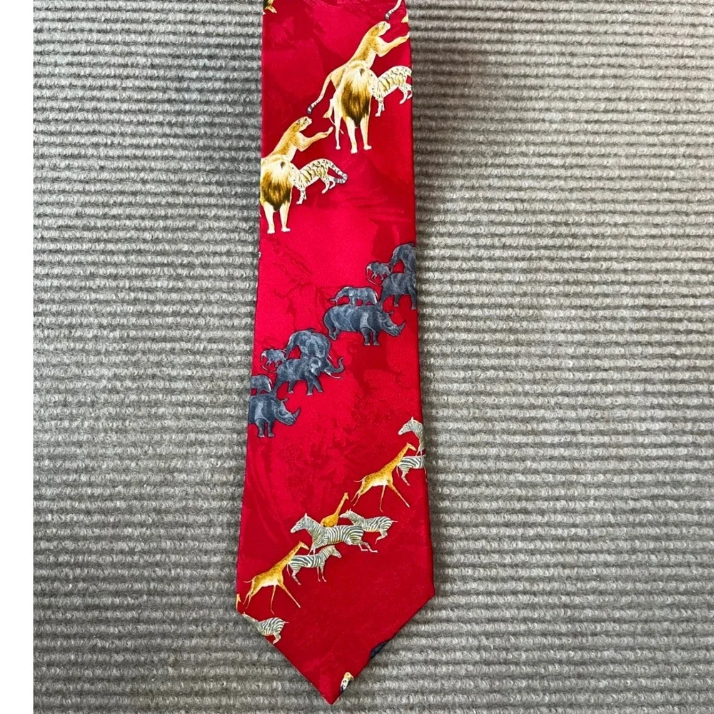 Endangered Species Mens Red Silk Safari Animal Print Necktie Lions Rhinos Zebra
